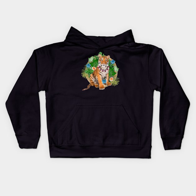 Tropical Tiger With Flowers Kids Hoodie by Emart